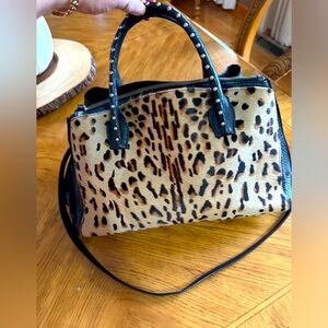 Iacucci black textured leopard calfskin Italian leather satchel crossbosy strap